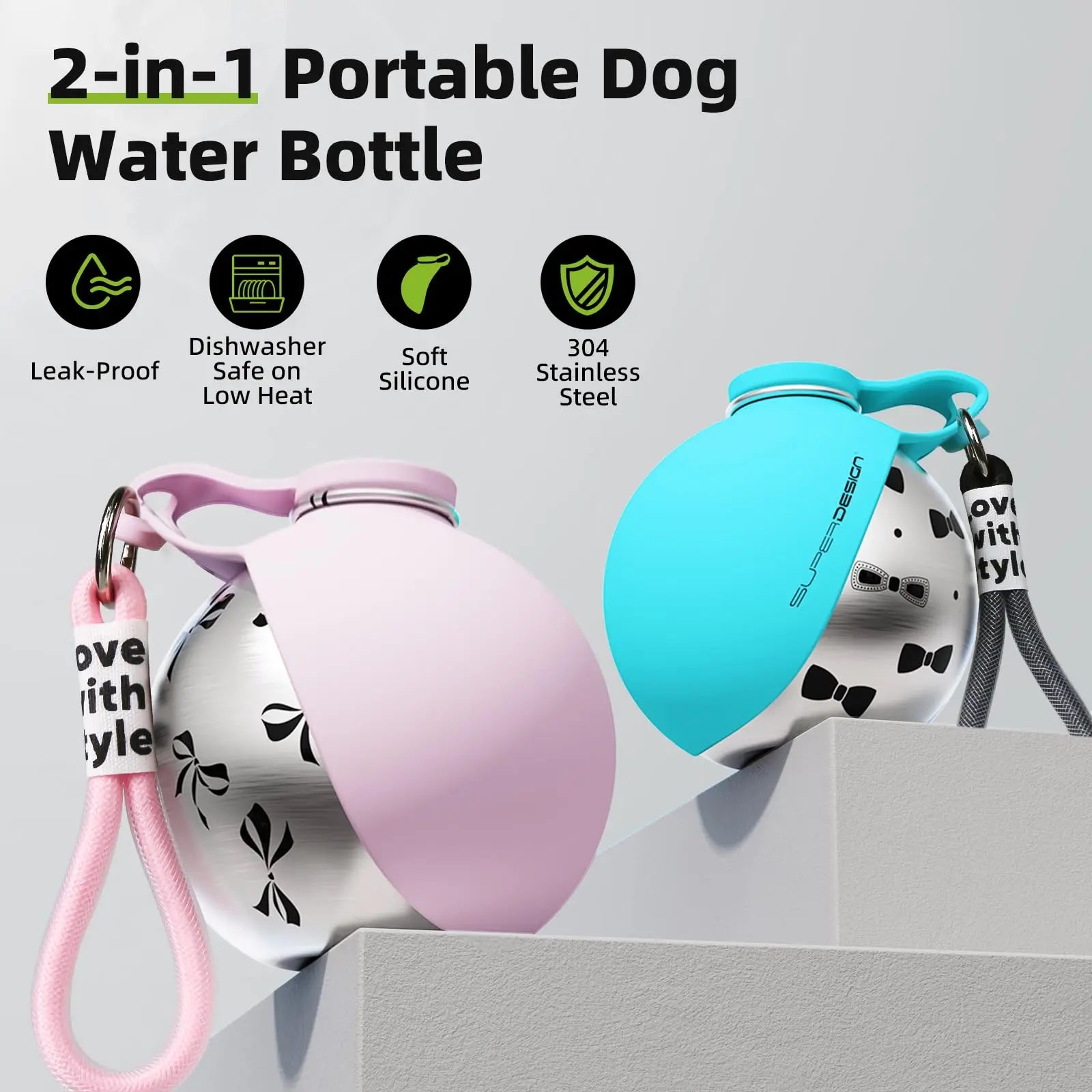 Dog travel water bottle 2-in-1 stainless steel with built-in silicone bowl