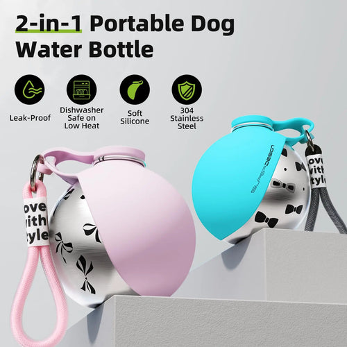Dog travel water bottle 2-in-1 stainless steel with built-in silicone bowl