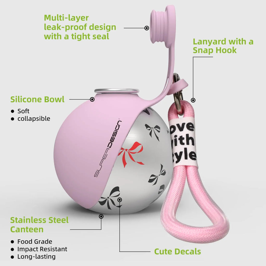 Travel water bottle for dogs showing press-to-pour built-in bowl mechanism