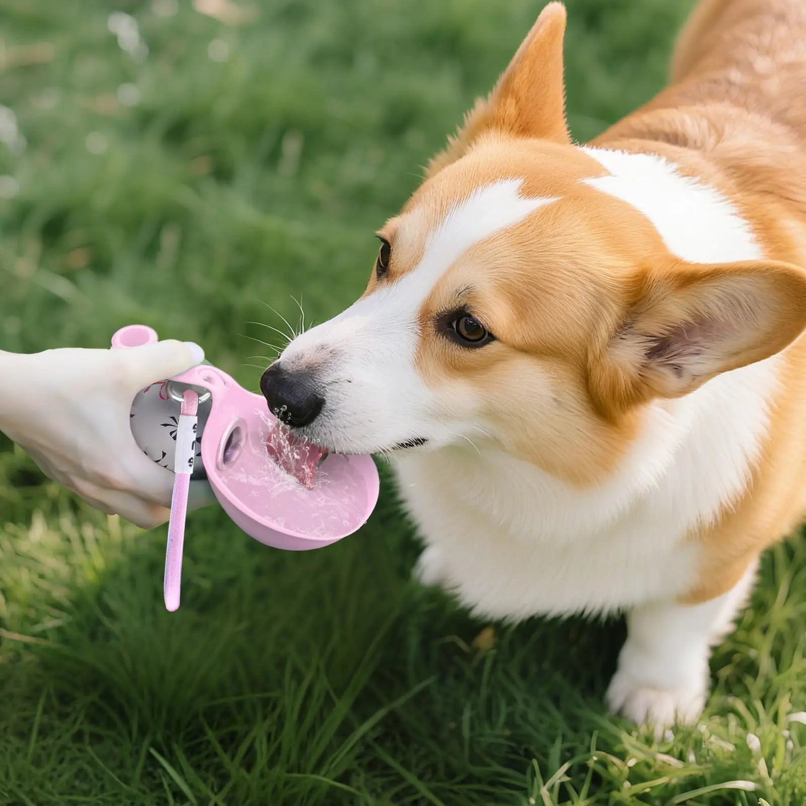 Stainless steel dog water bottle with attached bowl for outdoor hydration