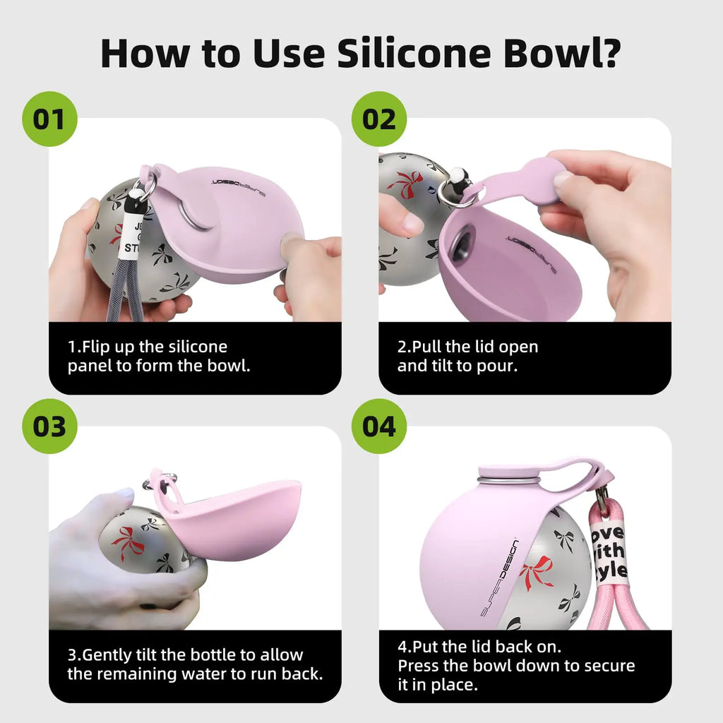 Pink dog water bottle with built-in bowl leak-proof stainless steel design