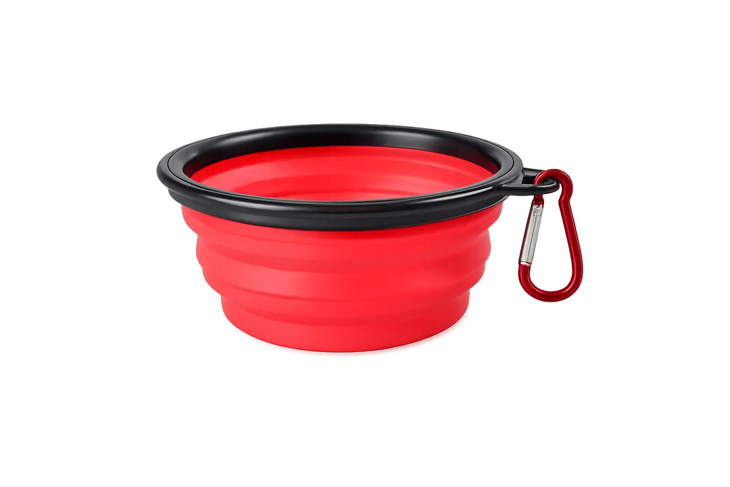 Dog drinking from collapsible travel bowl on outdoor hike BPA-free silicone