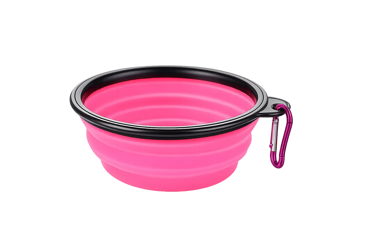 Travel dog bowl in red collapsible design clips to bag for walks and hikes