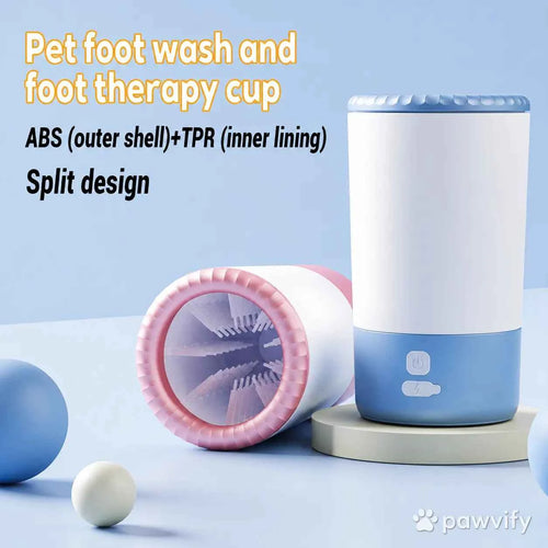 Dog paw being cleaned in electric paw washer removing mud after outdoor walk