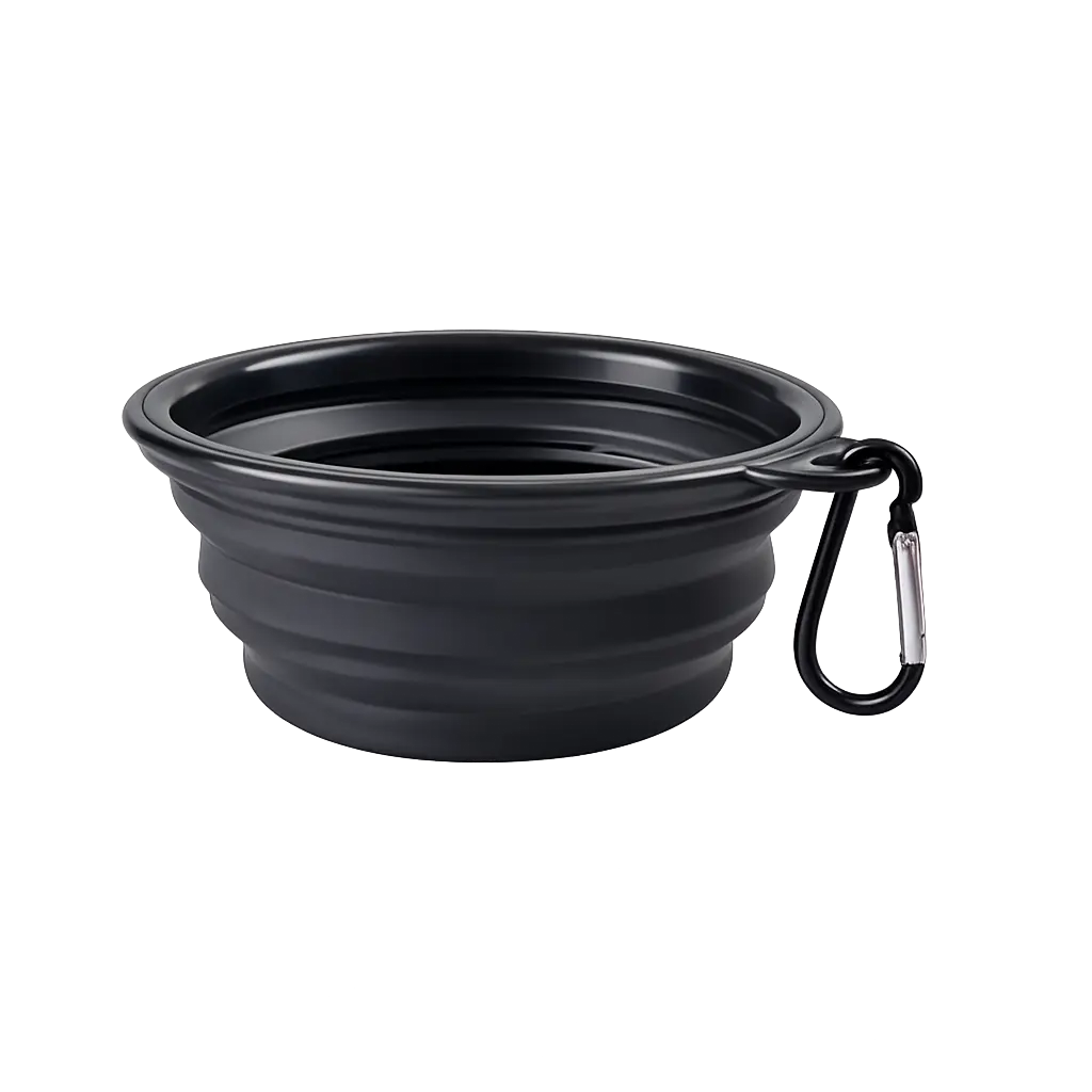 Collapsible travel bowl for dogs in black folded flat with carabiner clip