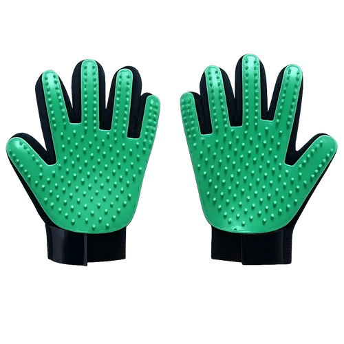 Dog grooming deshedding glove with silicone nubs removing loose fur from dog coat